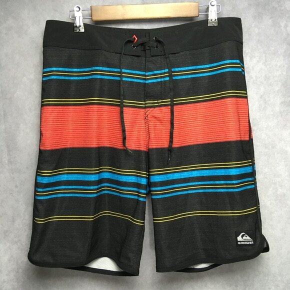 Quiksilver Men Board Shorts size 33 Swim Trunks Black Red Striped Stretch Suit - Picture 1 of 13